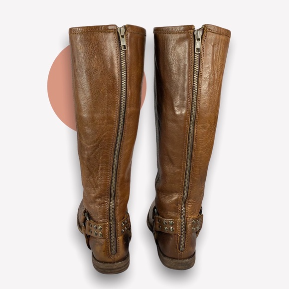 FRYE Phillip Studded Harness Tall Boot Soft Brown, Size 8 - Picture 6 of 16